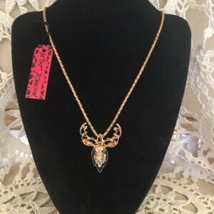 NWT Betsey Johnson Gold Tone Deer Head Pendant Necklace